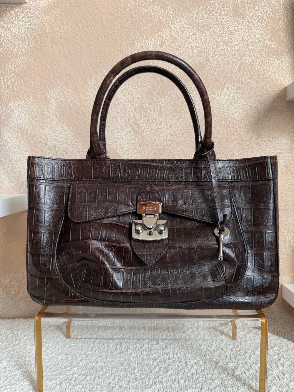 Furla Dark Brown Croc-Embossed Leather Satchel